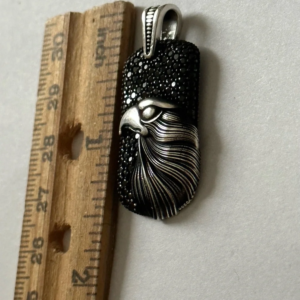 925 Silver eagle rectangle pendant black cubic zirconia cz stones unisex